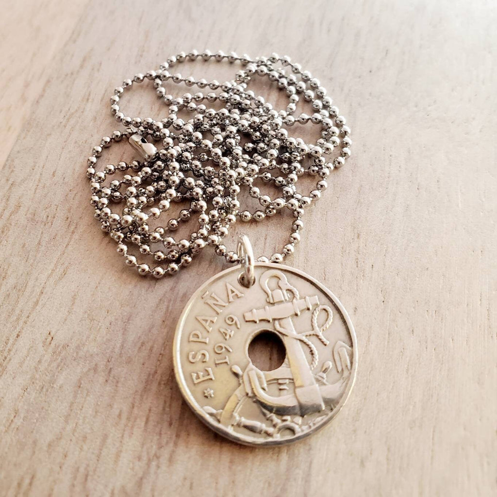 1949 Vintage Espana (Spain) Anchor Coin Necklace, Stainless Steel 30" Ball Chain, Gift Boxed, 50 Centimos Washer Coin