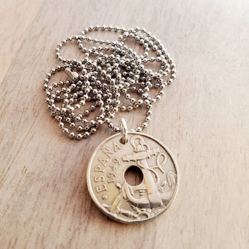 1949 Vintage Espana (Spain) Anchor Coin Necklace, Stainless Steel 30" Ball Chain, Gift Boxed, 50 Centimos Washer Coin