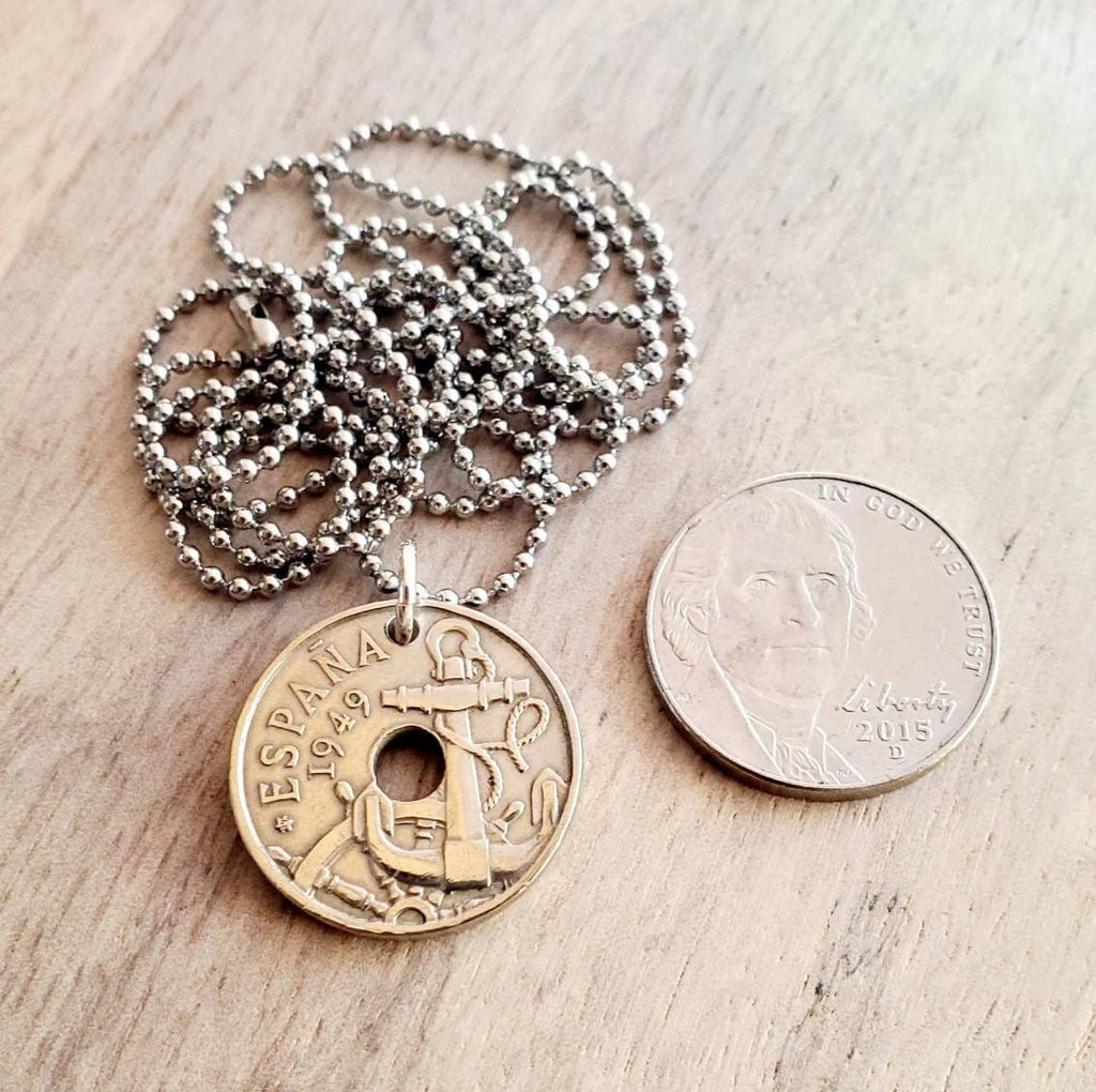 1949 Vintage Espana (Spain) Anchor Coin Necklace, Stainless Steel 30" Ball Chain, Gift Boxed, 50 Centimos Washer Coin