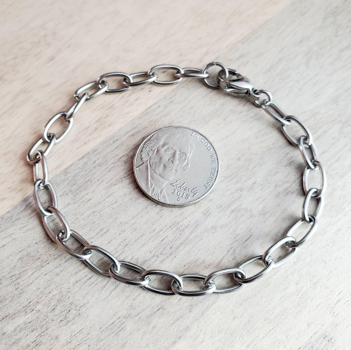 Silver Stainless Steel Drawn Cable Chain Charm Bracelet, Made in USA, Lobster Claw Clasp, Gift Boxed, E. Ria Designs