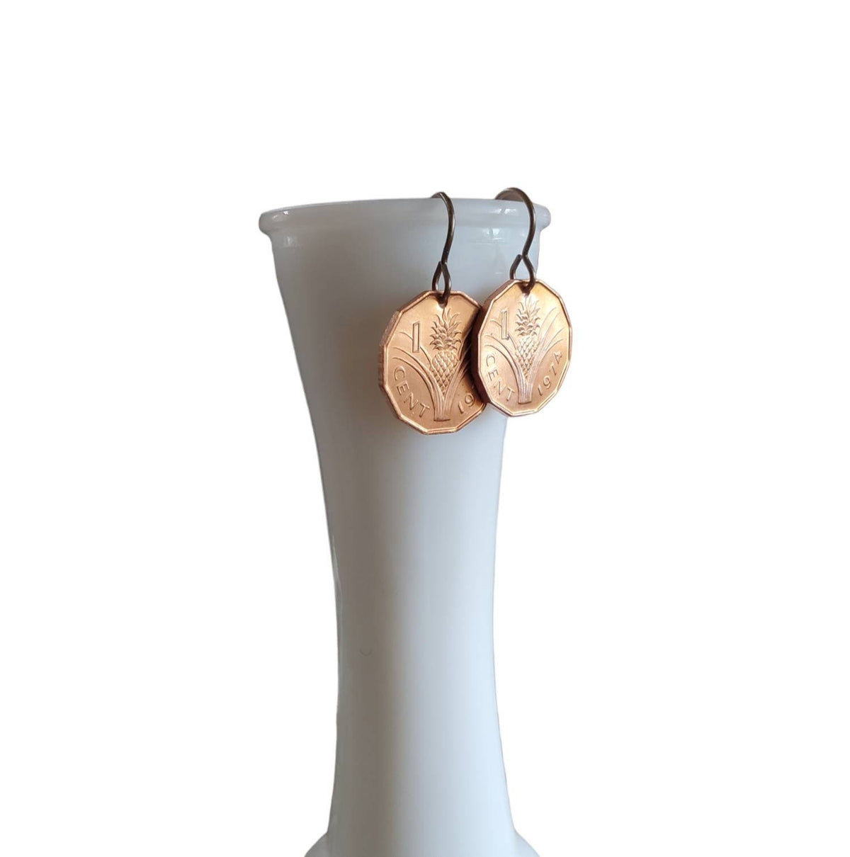 Swaziland Vintage 1974 Pineapple Coin Earrings, Solid Brass Ear Wires, Handmade Jewelry Made in USA by E. Ria Designs, Gift Boxed