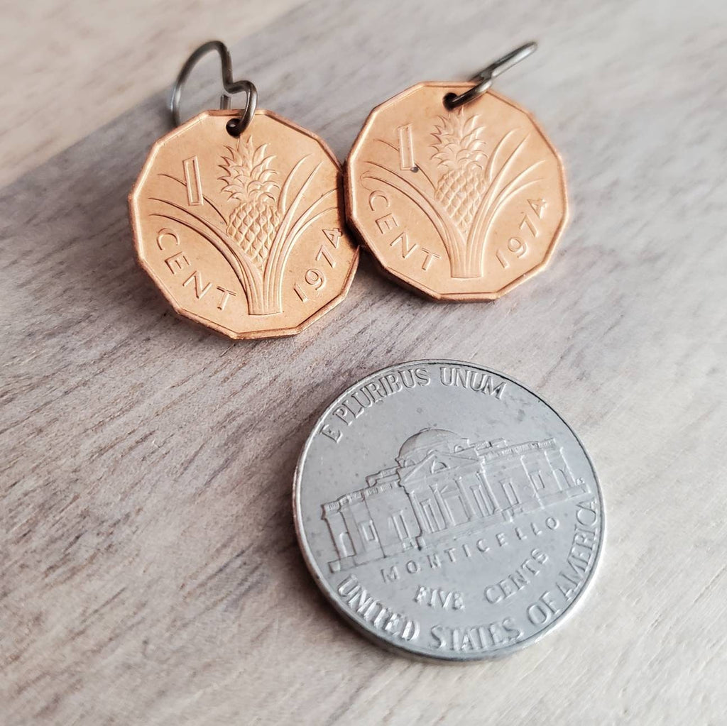 Swaziland Vintage 1974 Pineapple Coin Earrings, Solid Brass Ear Wires, Handmade Jewelry Made in USA by E. Ria Designs, Gift Boxed