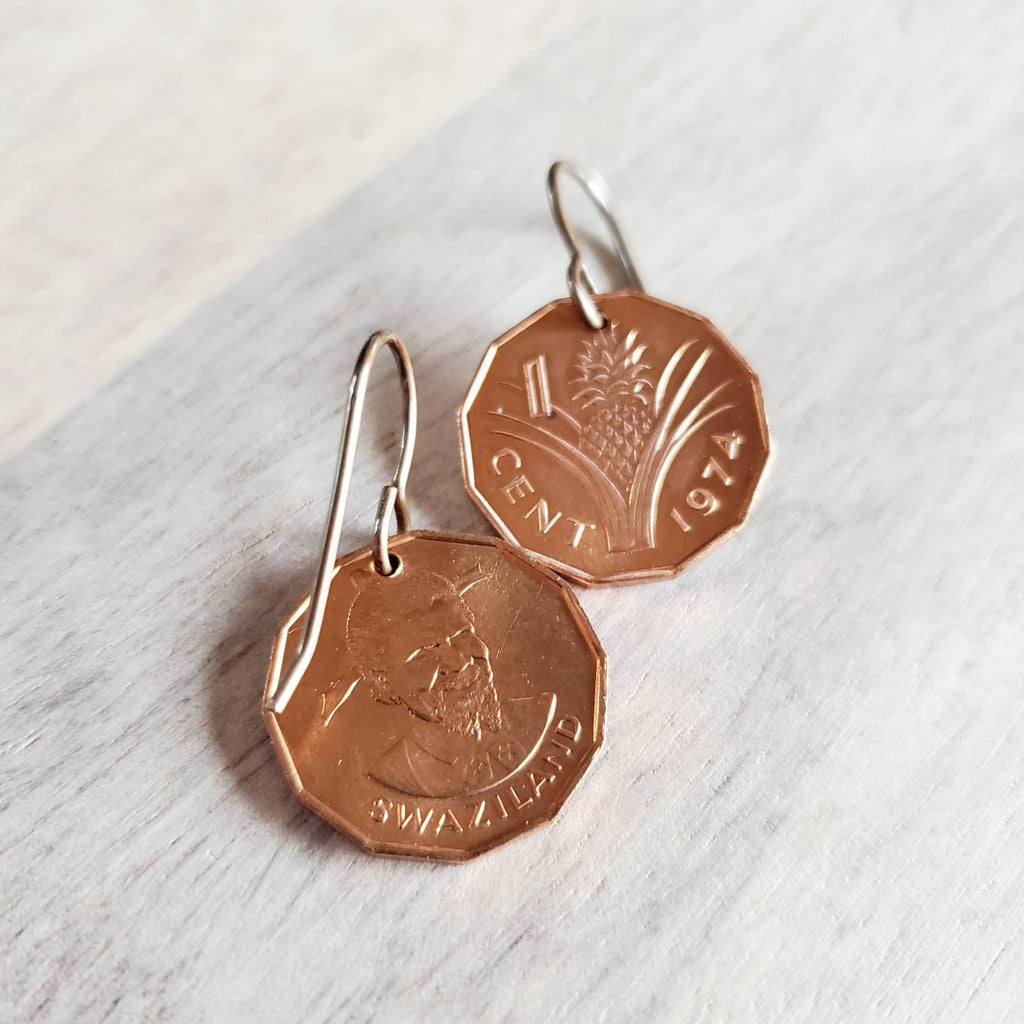 Swaziland Vintage 1974 Pineapple Coin Earrings, Solid Brass Ear Wires, Handmade Jewelry Made in USA by E. Ria Designs, Gift Boxed
