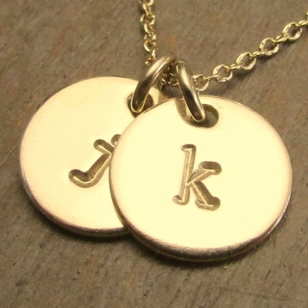 Two Charm Initial Necklace | Hand Stamped Gold Filled | Gold Letter Necklace | 14k Gold Filled Necklace by E. Ria Designs, Gift Boxed