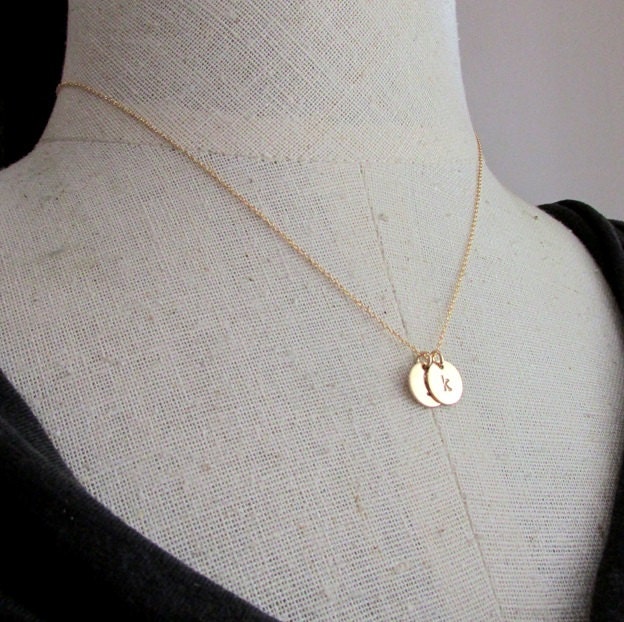 Two Charm Initial Necklace | Hand Stamped Gold Filled | Gold Letter Necklace | 14k Gold Filled Necklace by E. Ria Designs, Gift Boxed