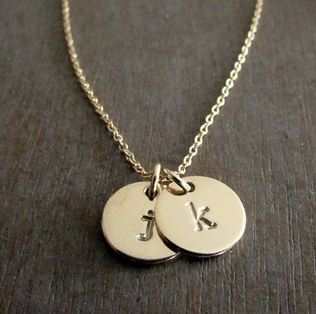 Two Charm Initial Necklace | Hand Stamped Gold Filled | Gold Letter Necklace | 14k Gold Filled Necklace by E. Ria Designs, Gift Boxed