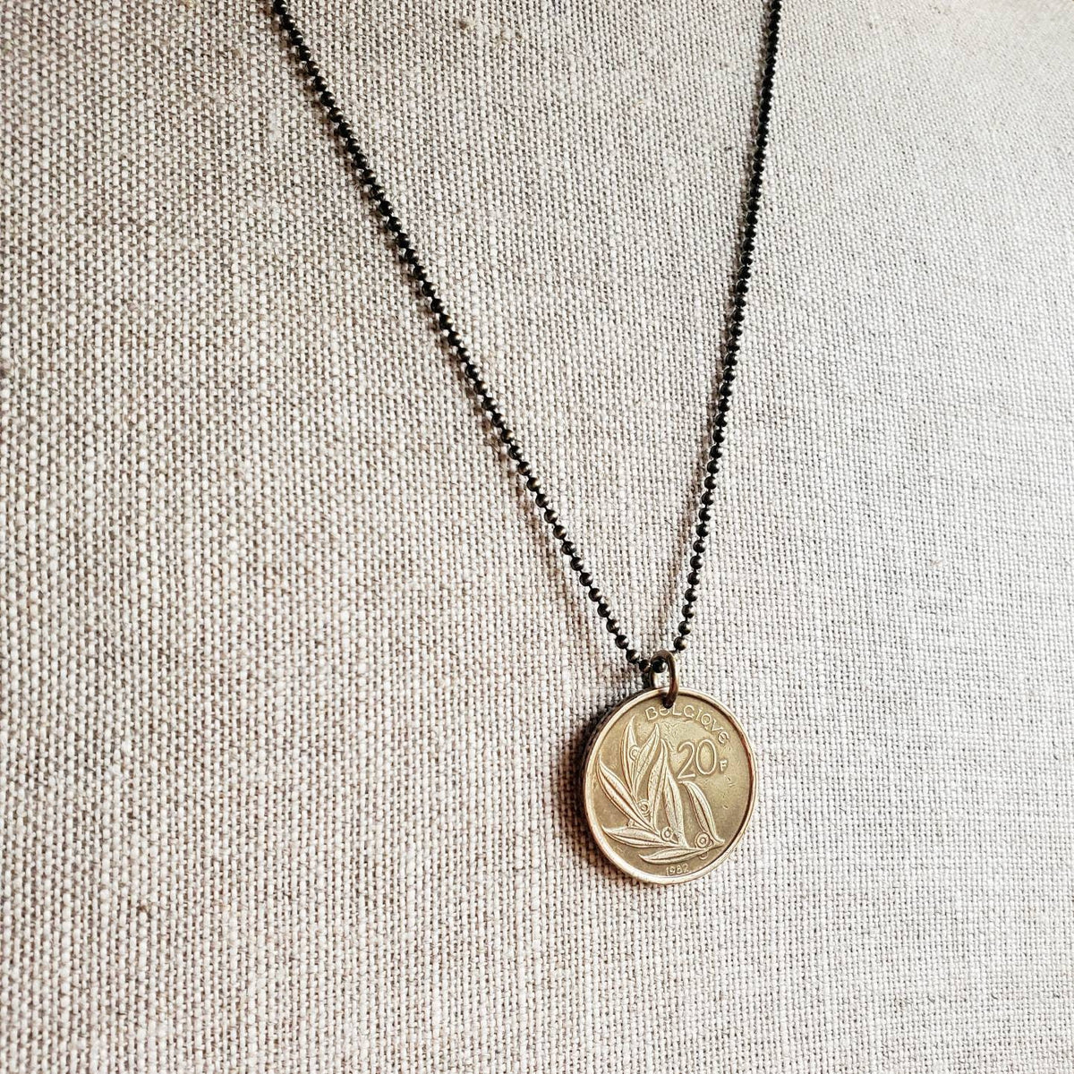 1981 Belgique (Belgium) 20F Coin Necklace, Spray Branch Leaves, Brass Ball Chain, Birthday Gift Boxed, Made in USA by E. Ria Designs