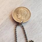 1981 Belgique (Belgium) 20F Coin Necklace, Spray Branch Leaves, Brass Ball Chain, Birthday Gift Boxed, Made in USA by E. Ria Designs