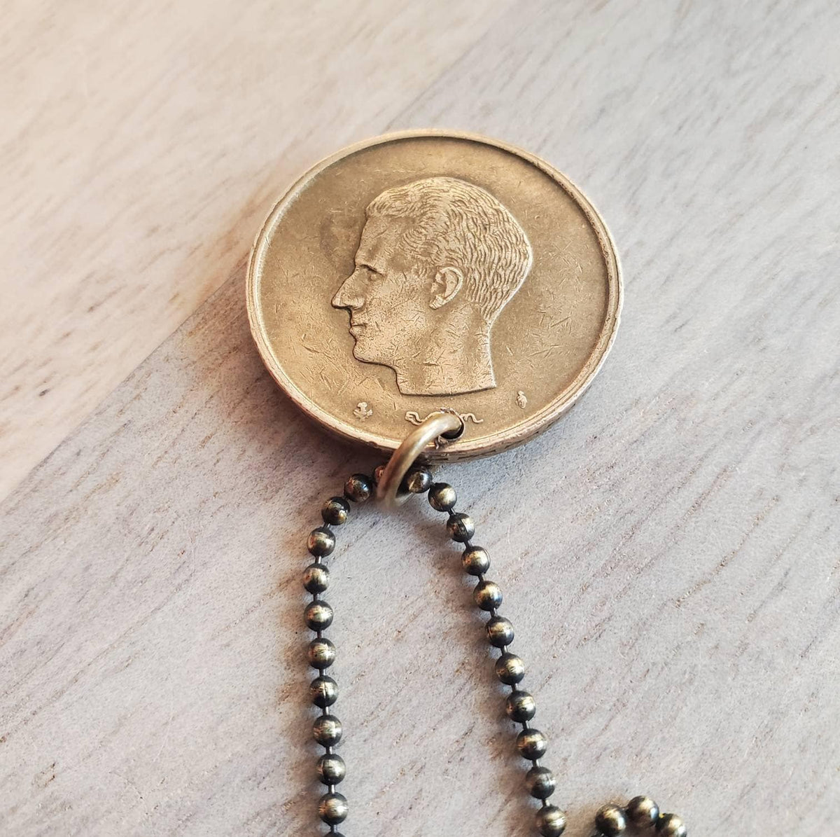 1981 Belgique (Belgium) 20F Coin Necklace, Spray Branch Leaves, Brass Ball Chain, Birthday Gift Boxed, Made in USA by E. Ria Designs