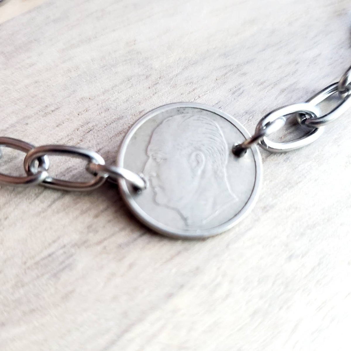 Mid-Century Vintage Norwegian Bird Coin Bracelet, 25 Ore, Norge (Norway), Stainless Steel Drawn Cable Chain Links Made in USA E. Ria Designs