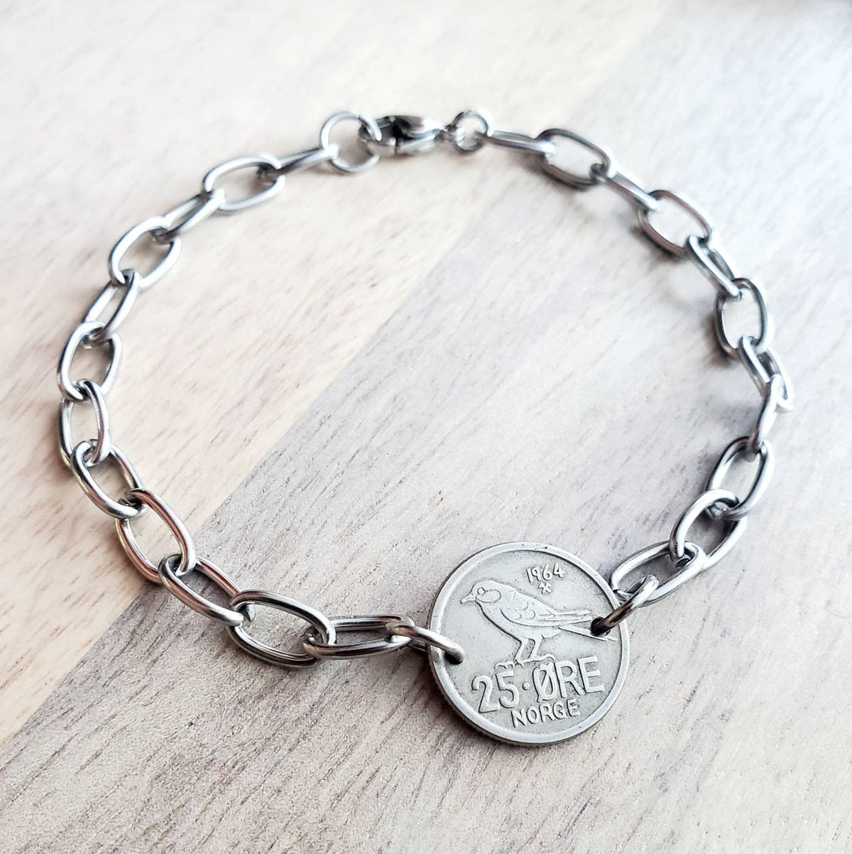 Mid-Century Vintage Norwegian Bird Coin Bracelet, 25 Ore, Norge (Norway), Stainless Steel Drawn Cable Chain Links Made in USA E. Ria Designs