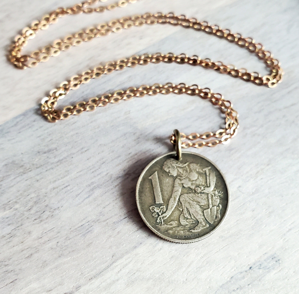 Vintage Gardener Coin Necklace, Old Czechoslovakia 1 Koruna, Woman, Farmer, Plant, Gift for Garden Enthusiast, Agrarian, Handmade, Gift Box