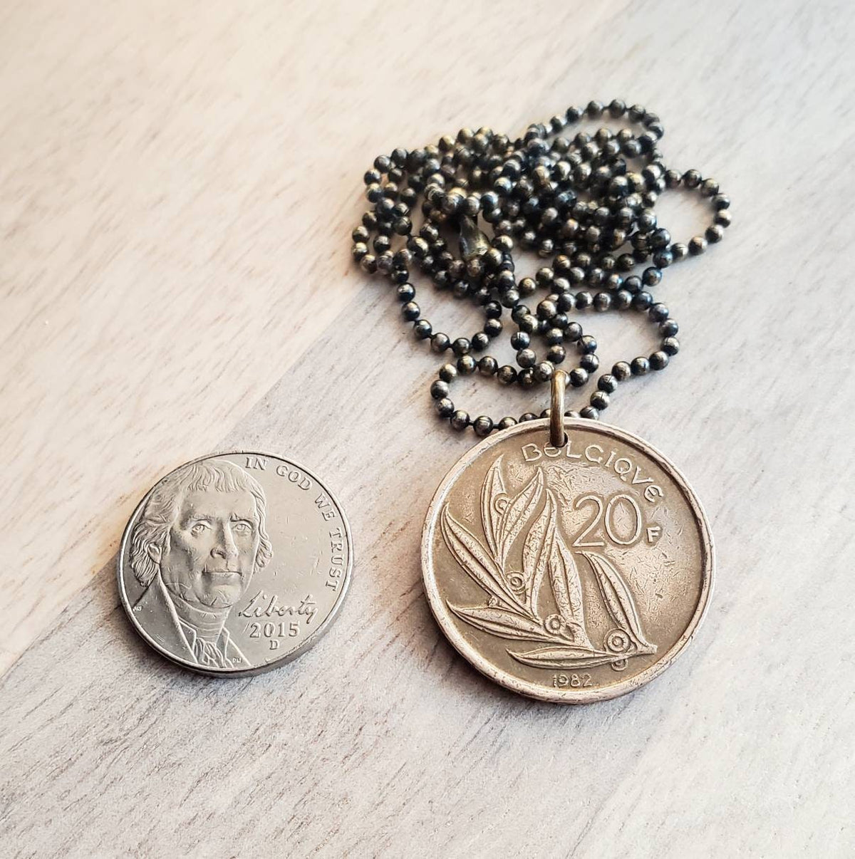 1981 Belgique (Belgium) 20F Coin Necklace, Spray Branch Leaves, Brass Ball Chain, Birthday Gift Boxed, Made in USA by E. Ria Designs