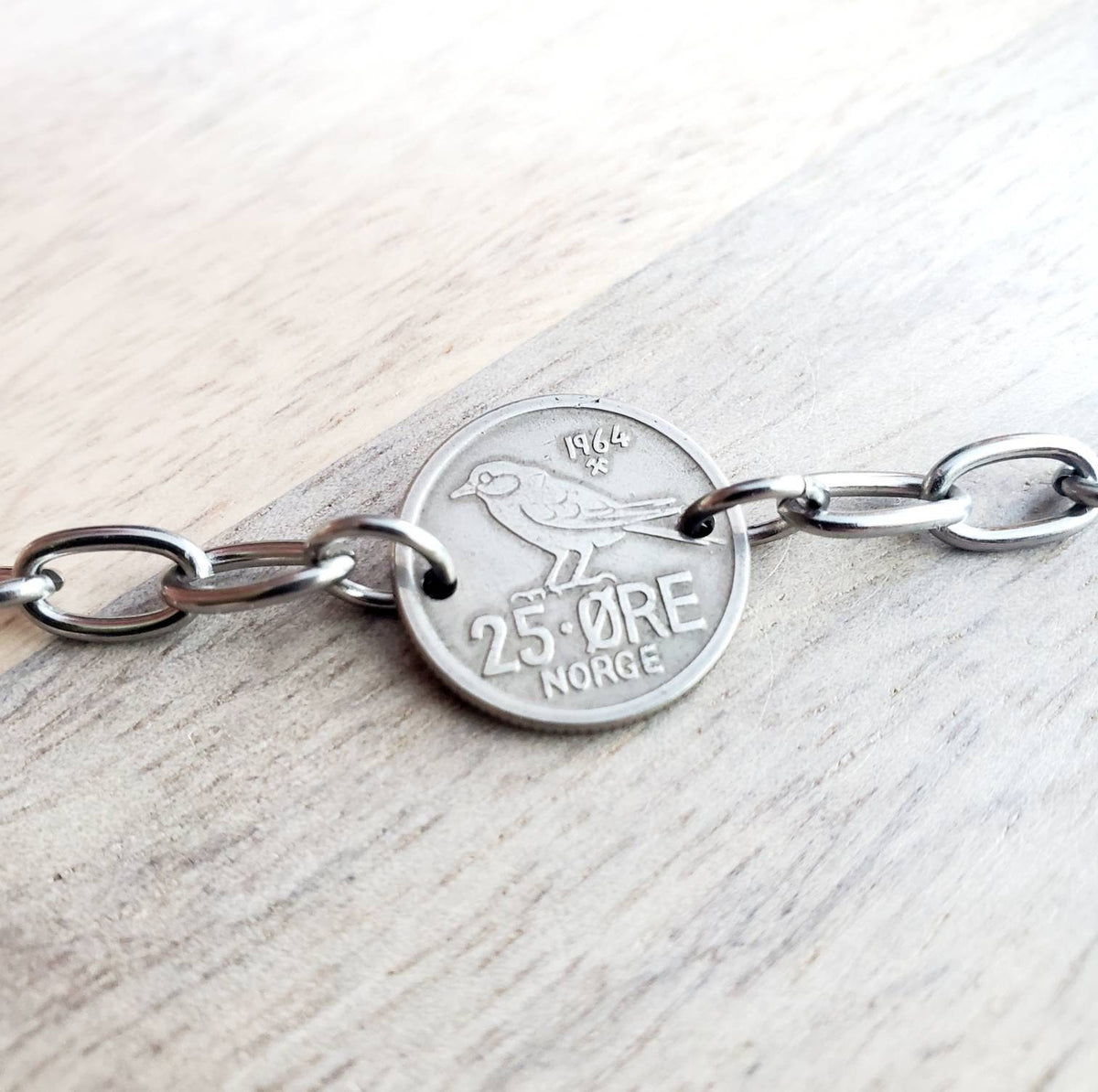 Mid-Century Vintage Norwegian Bird Coin Bracelet, 25 Ore, Norge (Norway), Stainless Steel Drawn Cable Chain Links Made in USA E. Ria Designs