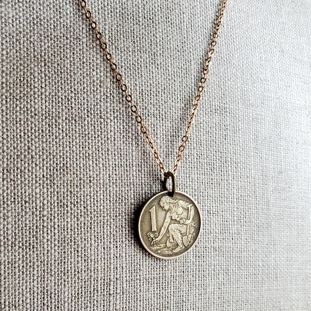 Vintage Gardener Coin Necklace, Old Czechoslovakia 1 Koruna, Woman, Farmer, Plant, Gift for Garden Enthusiast, Agrarian, Handmade, Gift Box