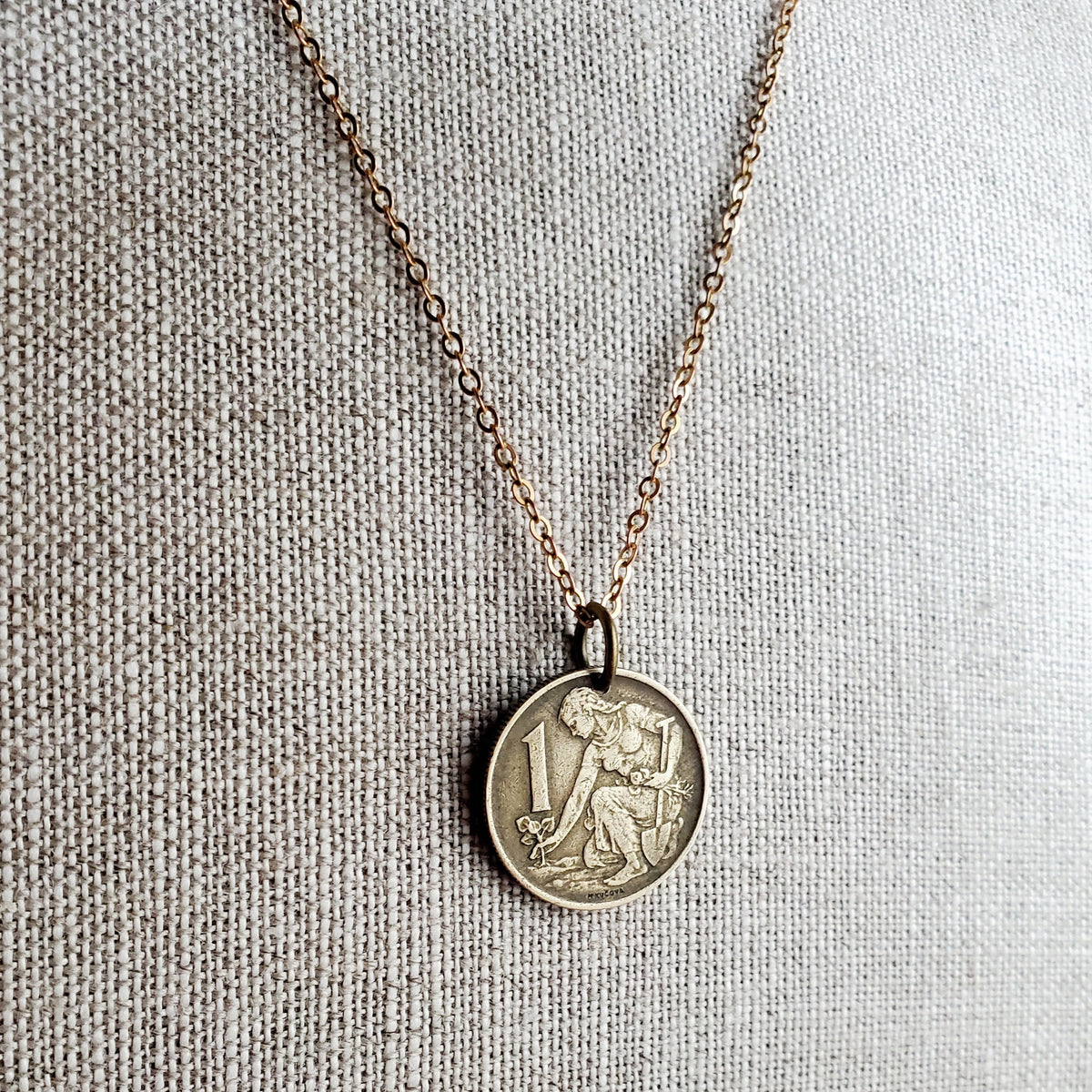 Vintage Gardener Coin Necklace, Old Czechoslovakia 1 Koruna, Woman, Farmer, Plant, Gift for Garden Enthusiast, Agrarian, Handmade, Gift Box