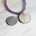 1990 Cyprus Bird Coin Necklace, Purple Glass Bead Chain, Bronze Hook Clasp, 1990 Old Coin, Made in USA, E. Ria Designs, Gift Boxed