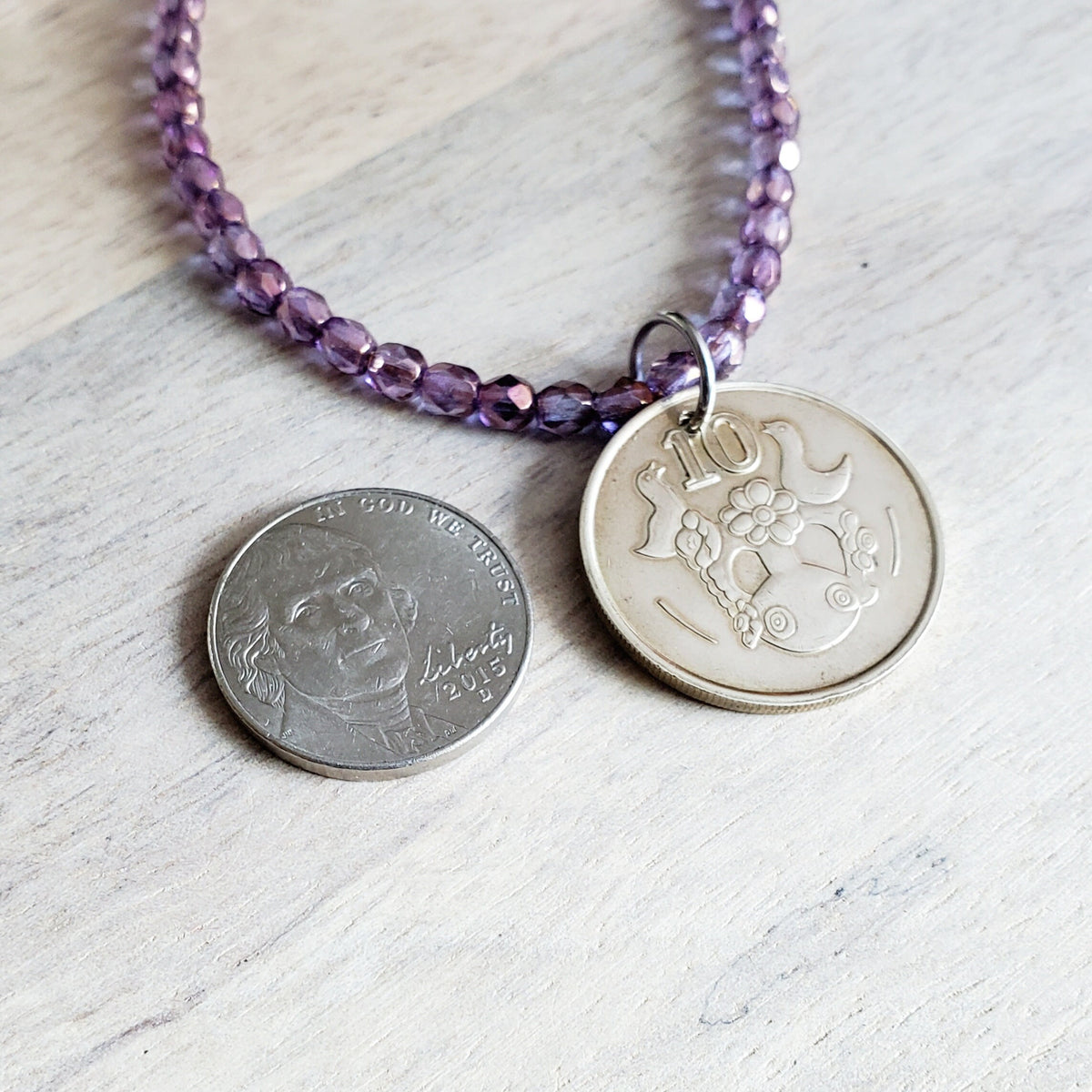 1990 Cyprus Bird Coin Necklace, Purple Glass Bead Chain, Bronze Hook Clasp, 1990 Old Coin, Made in USA, E. Ria Designs, Gift Boxed