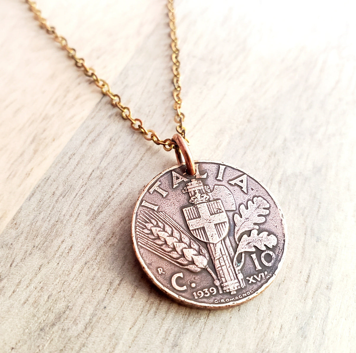 1939 Vintage Italia (Italy) 10 Centesimi Coin Necklace, Shield, Wheat, Oak Leaf Design, Italian Gift Boxed Jewelry, Made in USA