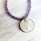 1990 Cyprus Bird Coin Necklace, Purple Glass Bead Chain, Bronze Hook Clasp, 1990 Old Coin, Made in USA, E. Ria Designs, Gift Boxed