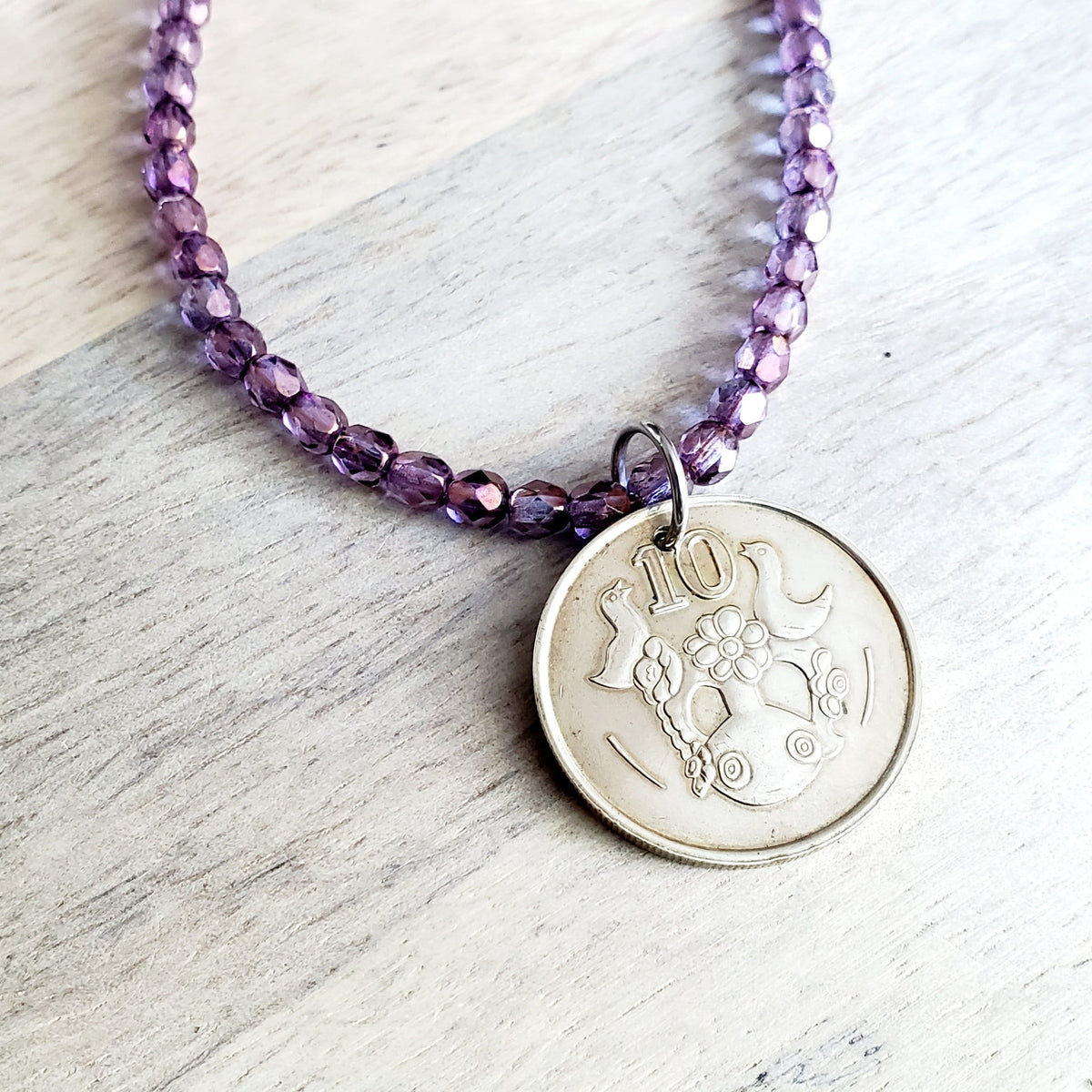 1990 Cyprus Bird Coin Necklace, Purple Glass Bead Chain, Bronze Hook Clasp, 1990 Old Coin, Made in USA, E. Ria Designs, Gift Boxed