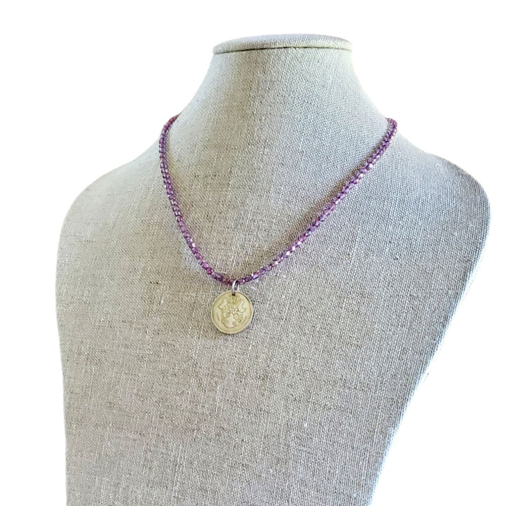 1990 Cyprus Bird Coin Necklace, Purple Glass Bead Chain, Bronze Hook Clasp, 1990 Old Coin, Made in USA, E. Ria Designs, Gift Boxed