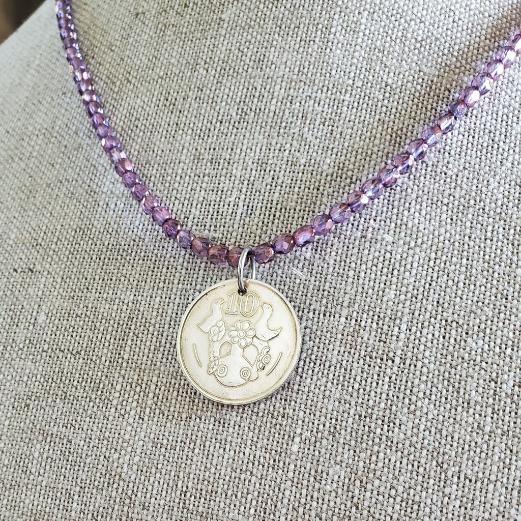 1990 Cyprus Bird Coin Necklace, Purple Glass Bead Chain, Bronze Hook Clasp, 1990 Old Coin, Made in USA, E. Ria Designs, Gift Boxed