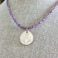 1990 Cyprus Bird Coin Necklace, Purple Glass Bead Chain, Bronze Hook Clasp, 1990 Old Coin, Made in USA, E. Ria Designs, Gift Boxed