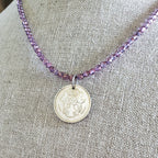 1990 Cyprus Bird Coin Necklace, Purple Glass Bead Chain, Bronze Hook Clasp, 1990 Old Coin, Made in USA, E. Ria Designs, Gift Boxed