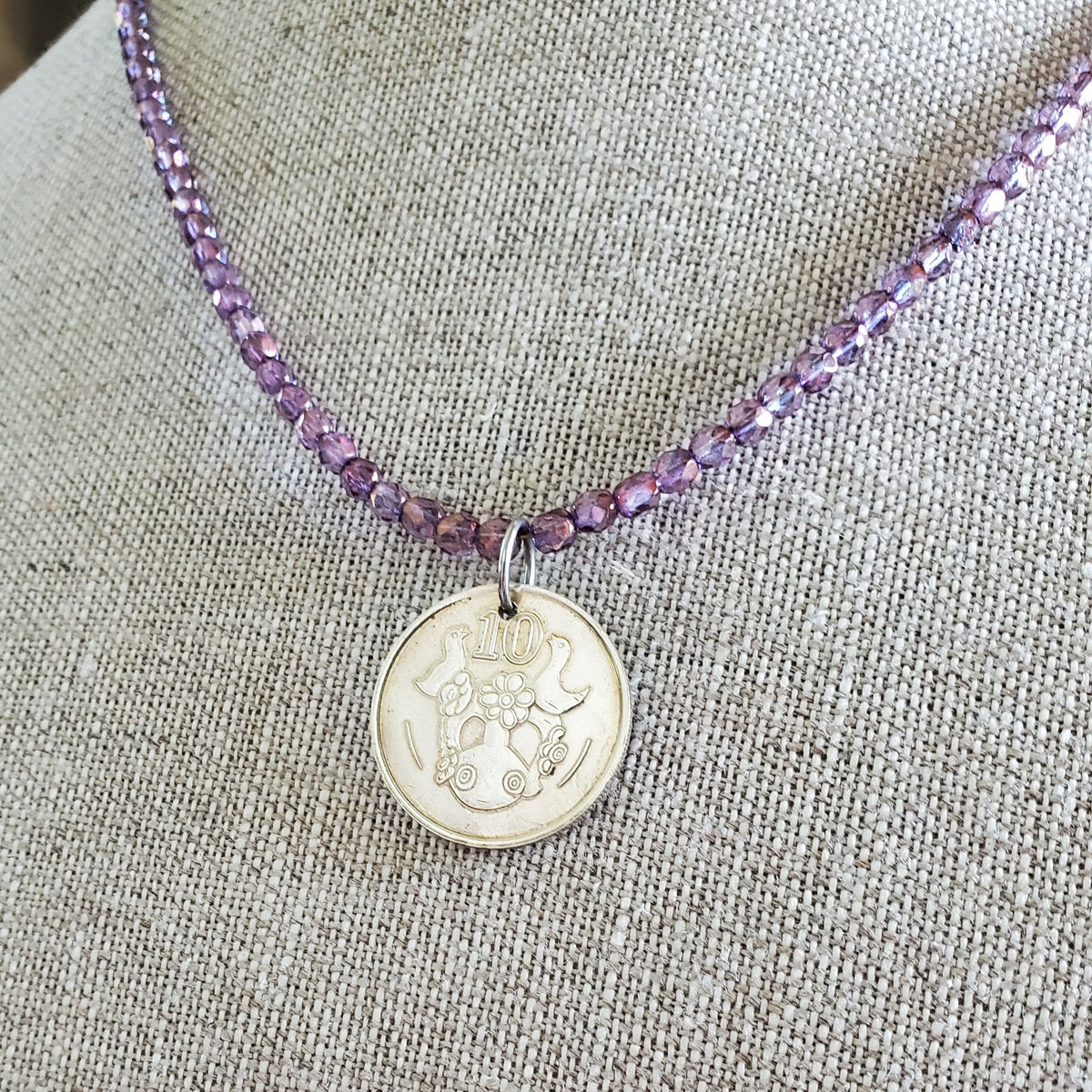 1990 Cyprus Bird Coin Necklace, Purple Glass Bead Chain, Bronze Hook Clasp, 1990 Old Coin, Made in USA, E. Ria Designs, Gift Boxed