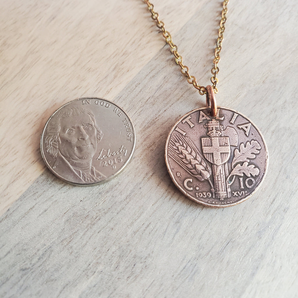 1941 Vintage Italia (Italy) 10 Centesimi Coin Necklace, Shield, Wheat, Oak Leaf Design, Italian Gift Boxed Jewelry, Made in USA