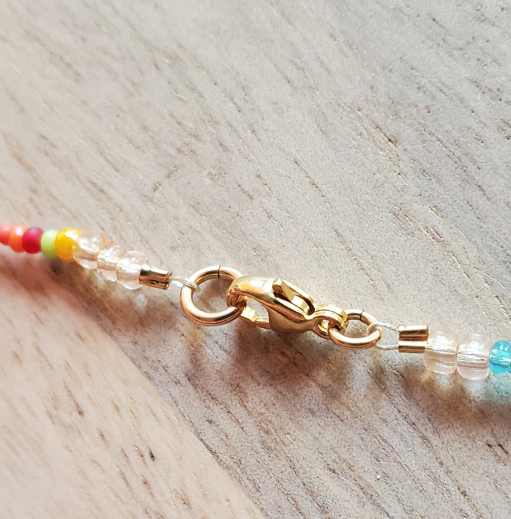French 20 Centimes Coin Necklace, Multi-Colored Glass Seed Bead Chain, 14K Gold Filled Clasp, Gift Boxed, Made in USA by E. Ria Designs