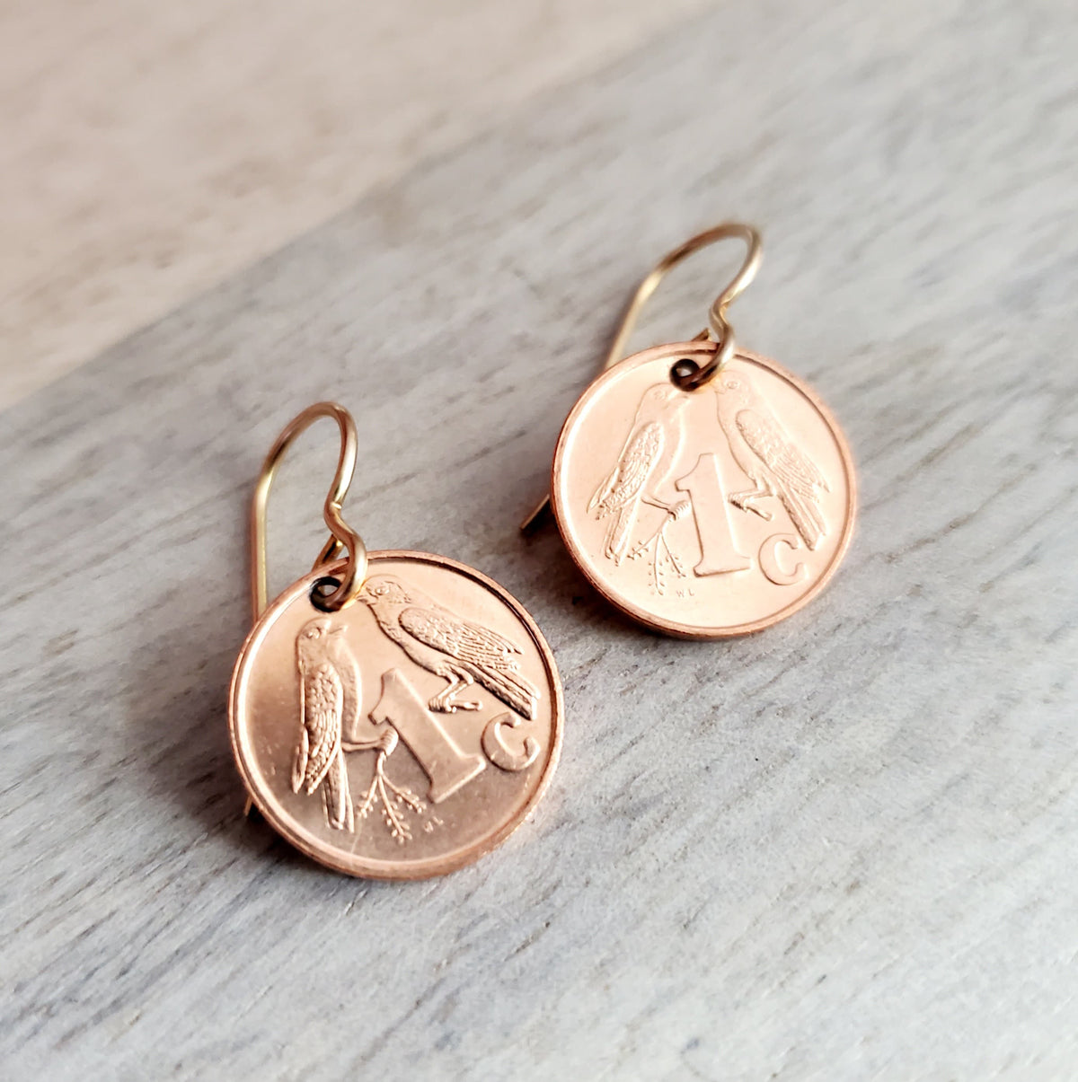 2007 South African Bird Coin Earrings, Two Sparrows Copper, Solid Bronze Ear Wires, Handmade Jewelry Made in USA, E. Ria Designs, Gift Boxed