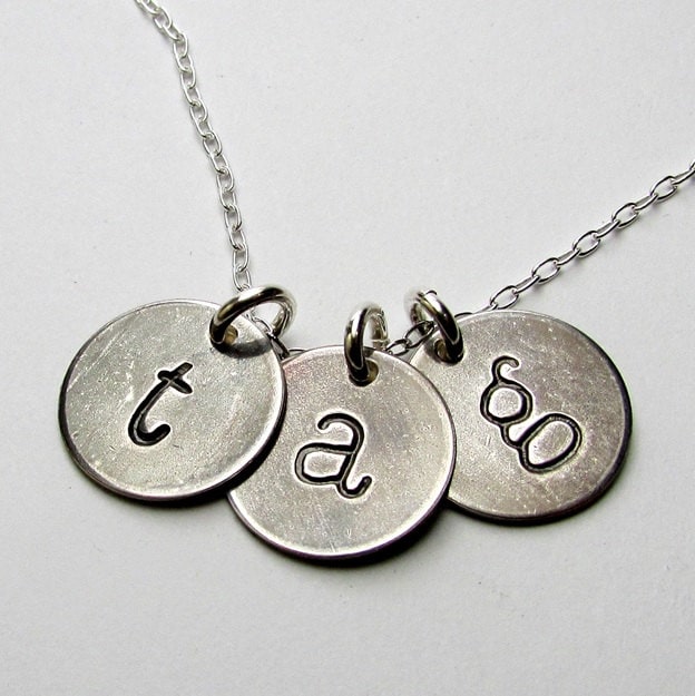 Rustic Hand Stamped Three-Letter Charm Necklace, Antiqued (Oxidized) Sterling Silver Initial Pendants on Chain, Hand Crafted in USA