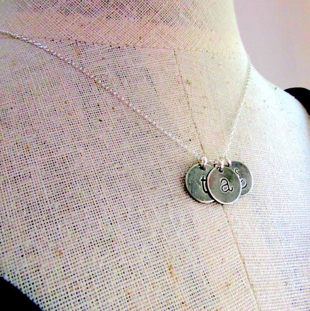 Rustic Hand Stamped Three-Letter Charm Necklace, Antiqued (Oxidized) Sterling Silver Initial Pendants on Chain, Hand Crafted in USA