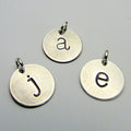 Silver Letter Charm | Half-Inch Silver Initial | Lowercase Typewriter Hand Stamped Pendant by E. Ria Designs, Made in USA of American Silver