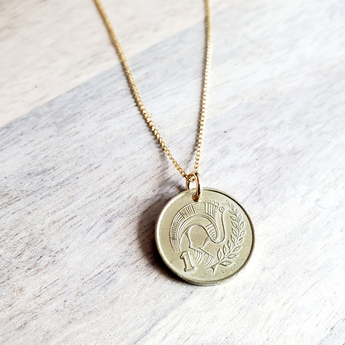 1983 Cyprus Coin Necklace, Stylized Bird, Leaf, 18 Inch 12K Gold Filled Chain, Made in USA by E. Ria Designs, Gift Boxed