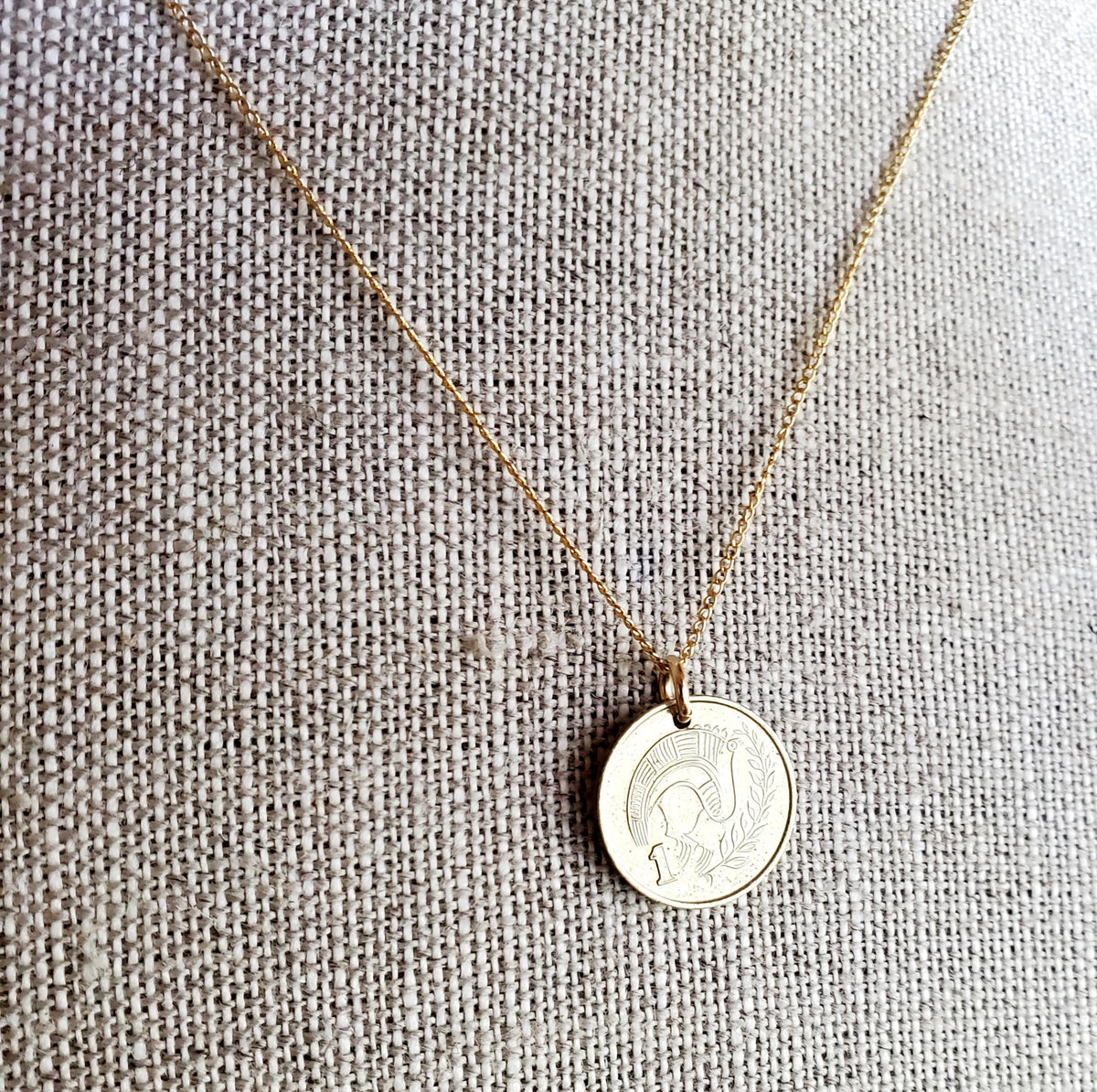 1983 Cyprus Coin Necklace, Stylized Bird, Leaf, 18 Inch 12K Gold Filled Chain, Made in USA by E. Ria Designs, Gift Boxed
