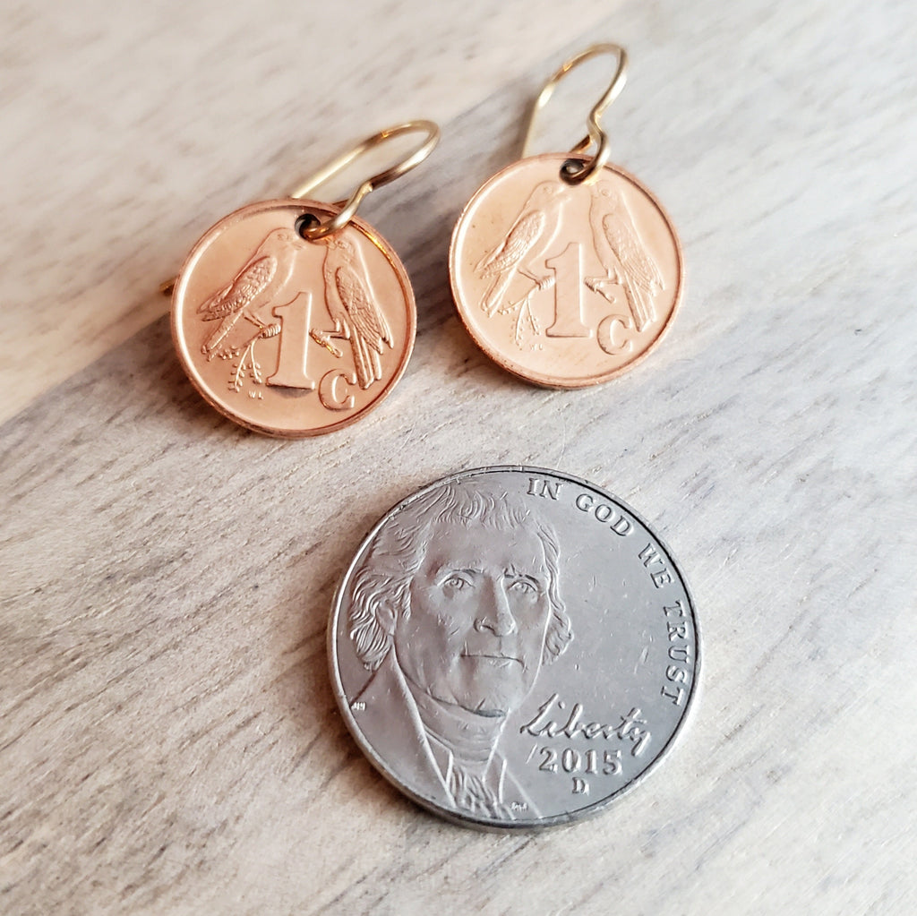 2007 South African Bird Coin Earrings, Two Sparrows Copper, Solid Bronze Ear Wires, Handmade Jewelry Made in USA, E. Ria Designs, Gift Boxed