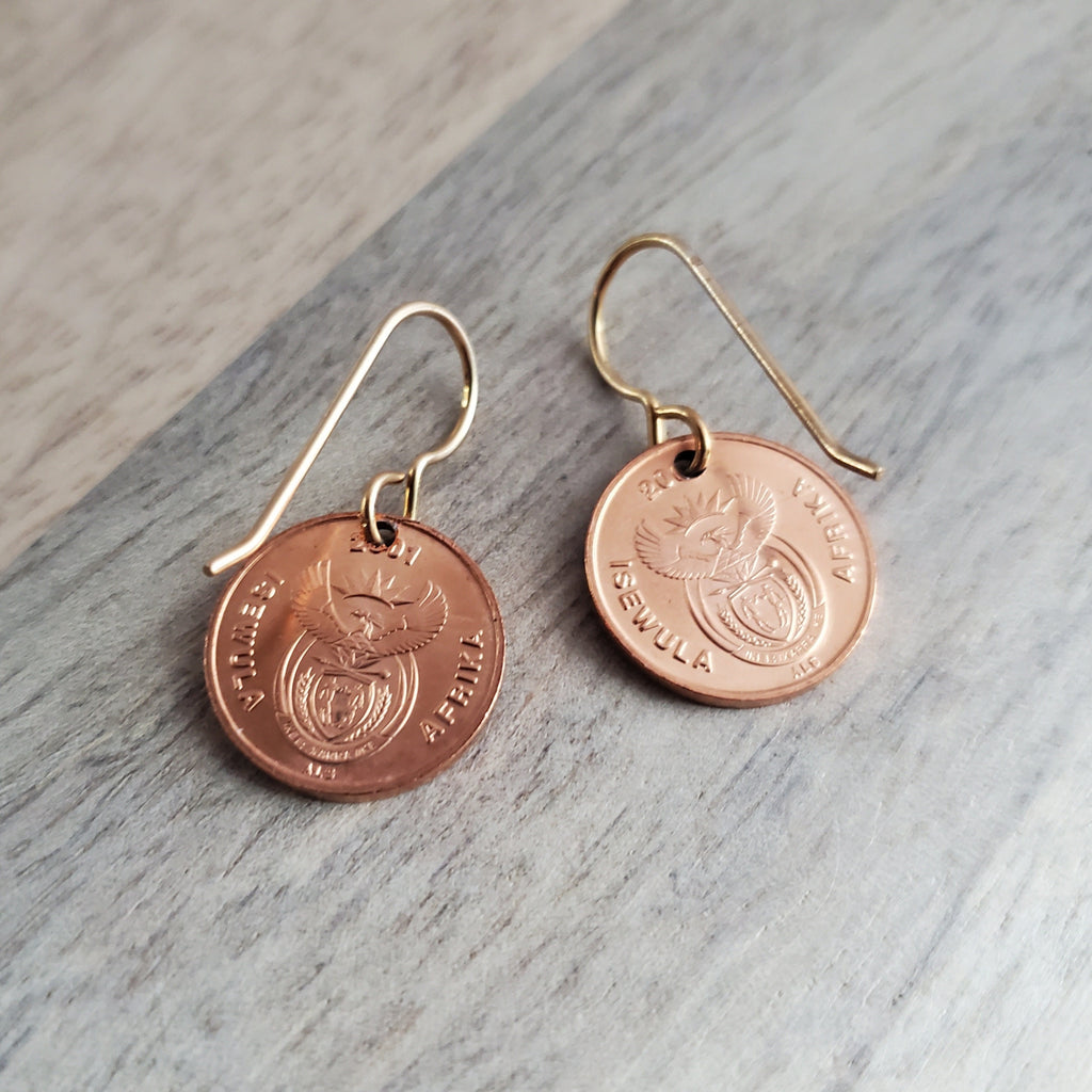 2007 South African Bird Coin Earrings, Two Sparrows Copper, Solid Bronze Ear Wires, Handmade Jewelry Made in USA, E. Ria Designs, Gift Boxed