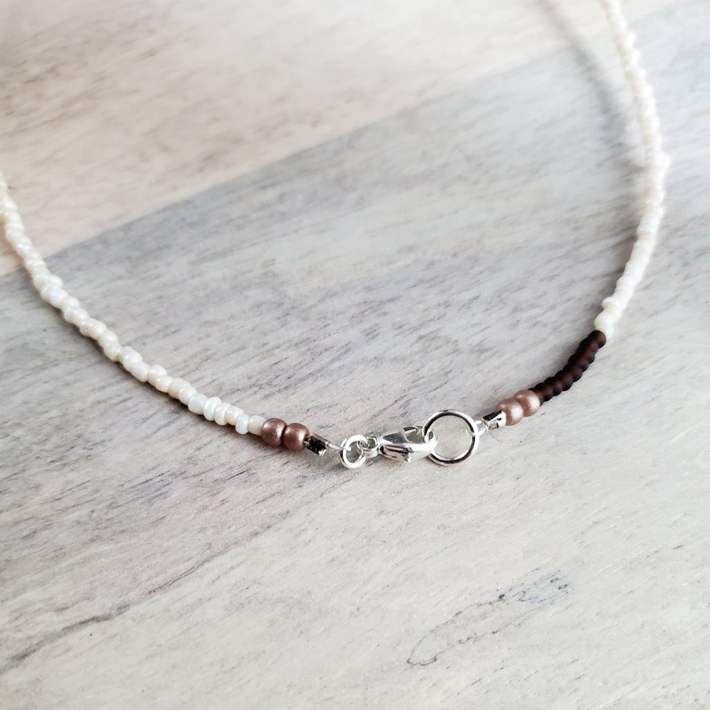 Neutral Glass Seed Bead Necklace, Long Brown, Cream, Ivory Chain, Hand Beaded Jewelry, Artisan Made in USA, E. Ria Designs, Gift Boxed