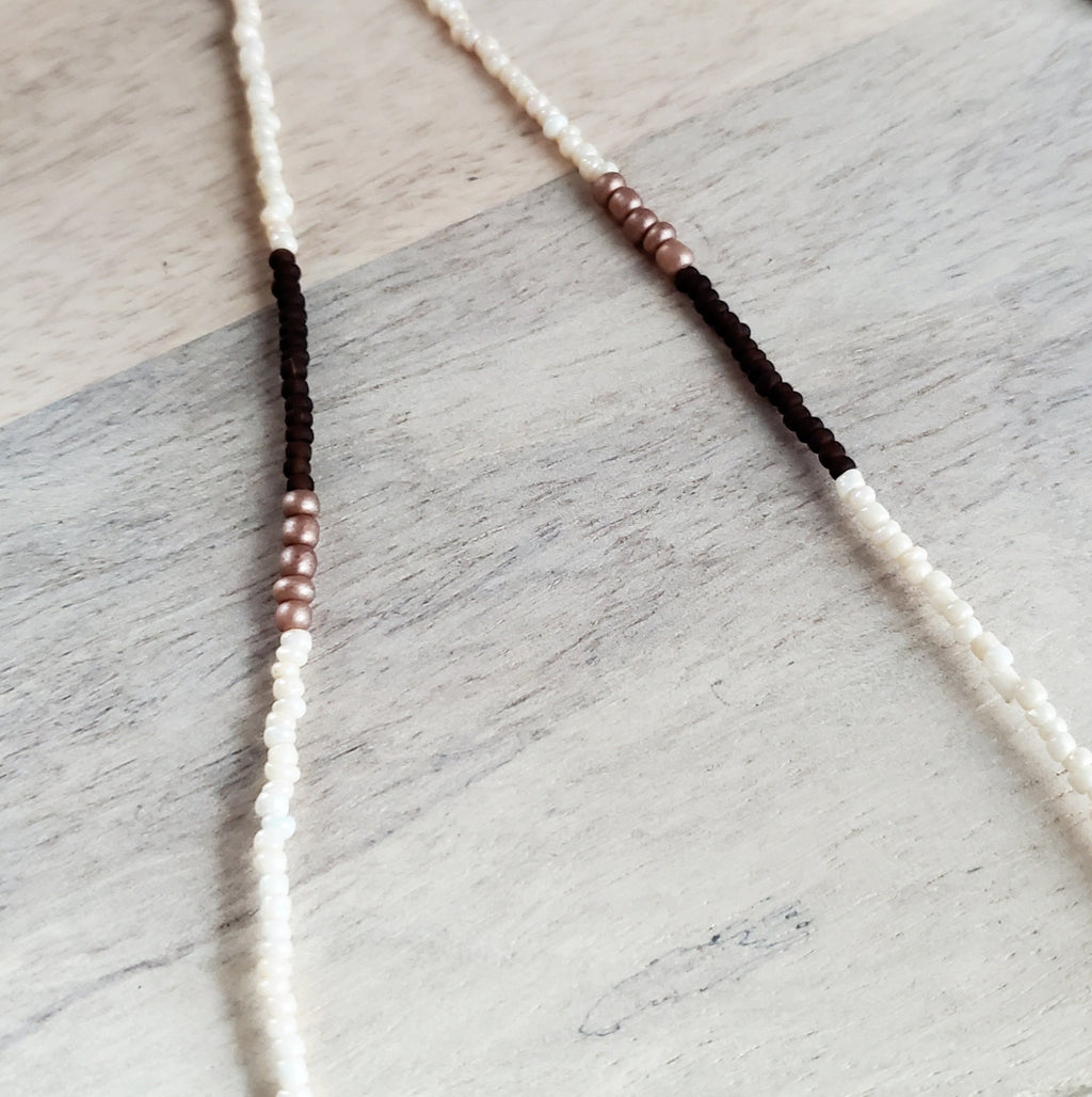 Neutral Glass Seed Bead Necklace, Long Brown, Cream, Ivory Chain, Hand Beaded Jewelry, Artisan Made in USA, E. Ria Designs, Gift Boxed