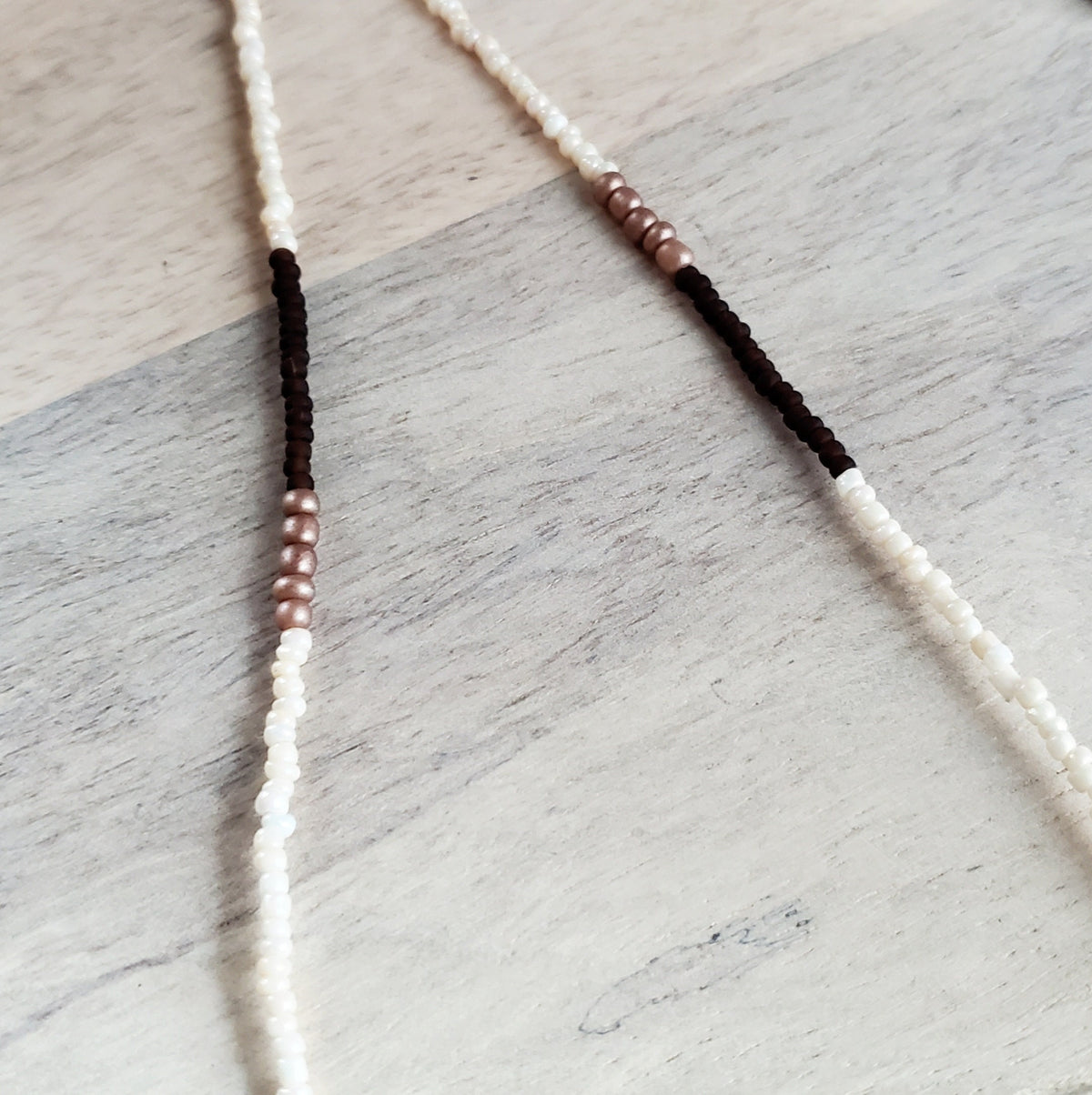 Neutral Glass Seed Bead Necklace, Long Brown, Cream, Ivory Chain, Hand Beaded Jewelry, Artisan Made in USA, E. Ria Designs, Gift Boxed