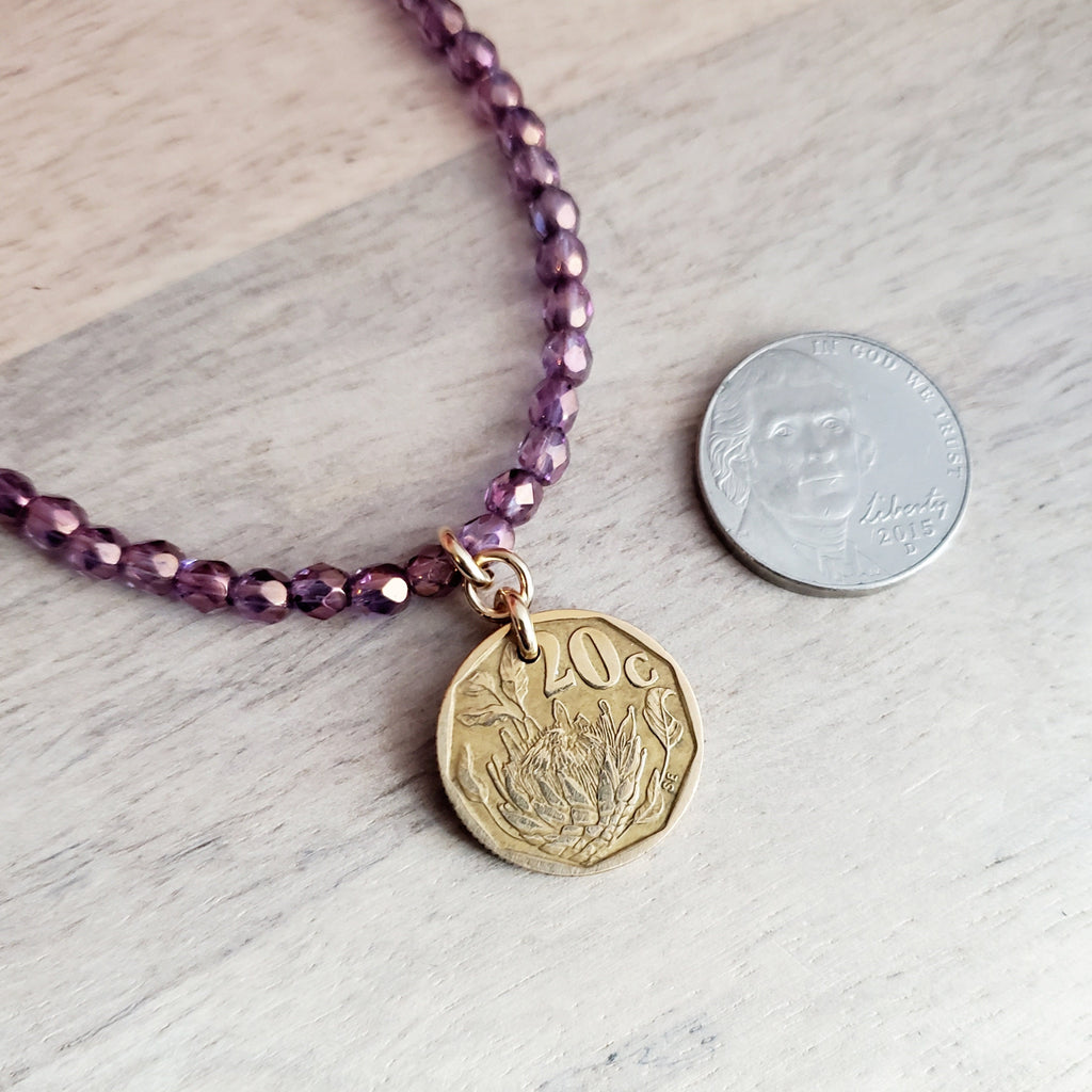 South Africa Arum Lily Coin Necklace, Purple Glass Bead Chain, Bronze Hook Clasp, Old Coin Charm, Made in USA, E. Ria Designs, Gift Box
