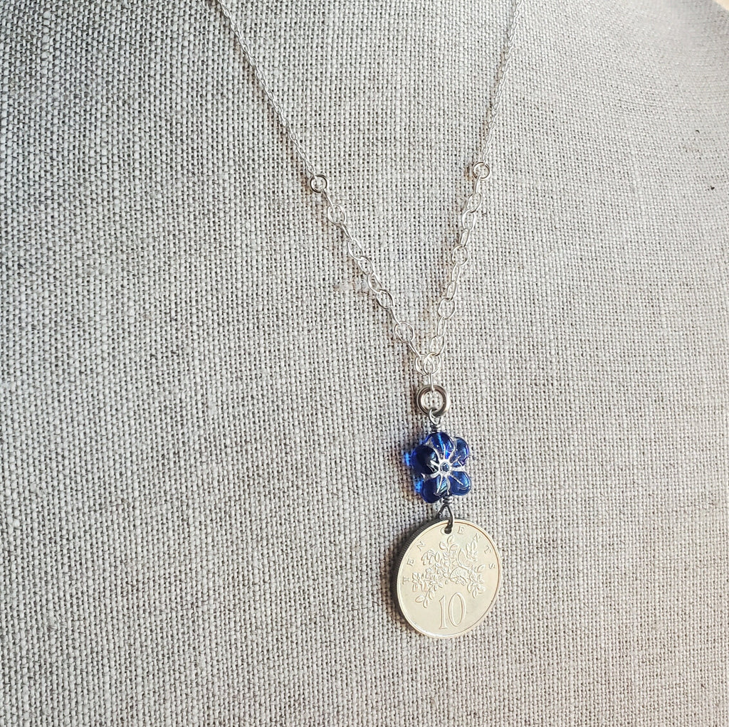 1986 Jamaica Flower 10 Cent Coin Necklace, Cobalt Blue Czech Glass Flower Bead Silver Detail, 925 Sterling Silver Cable Chain, Gift Boxed