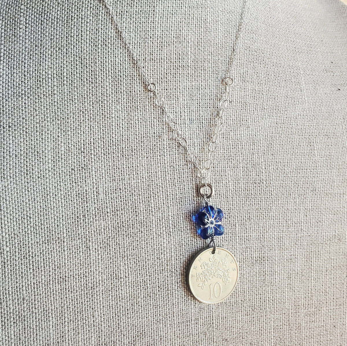 1986 Jamaica Flower 10 Cent Coin Necklace, Cobalt Blue Czech Glass Flower Bead Silver Detail, 925 Sterling Silver Cable Chain, Gift Boxed