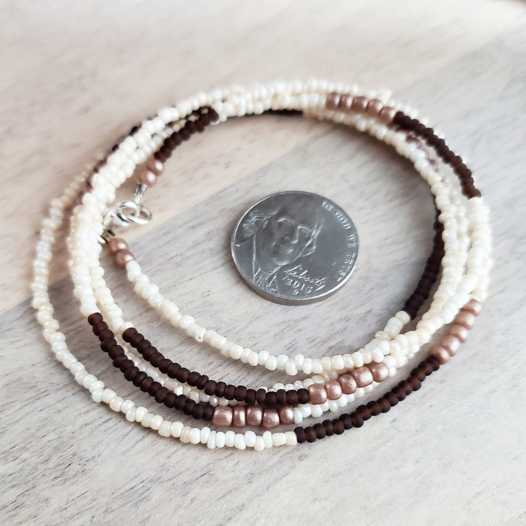 Neutral Glass Seed Bead Necklace, Long Brown, Cream, Ivory Chain, Hand Beaded Jewelry, Artisan Made in USA, E. Ria Designs, Gift Boxed