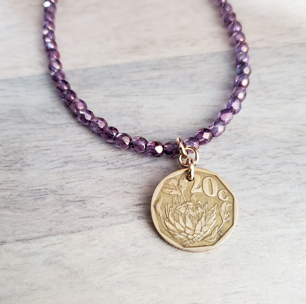 South Africa Arum Lily Coin Necklace, Purple Glass Bead Chain, Bronze Hook Clasp, Old Coin Charm, Made in USA, E. Ria Designs, Gift Box