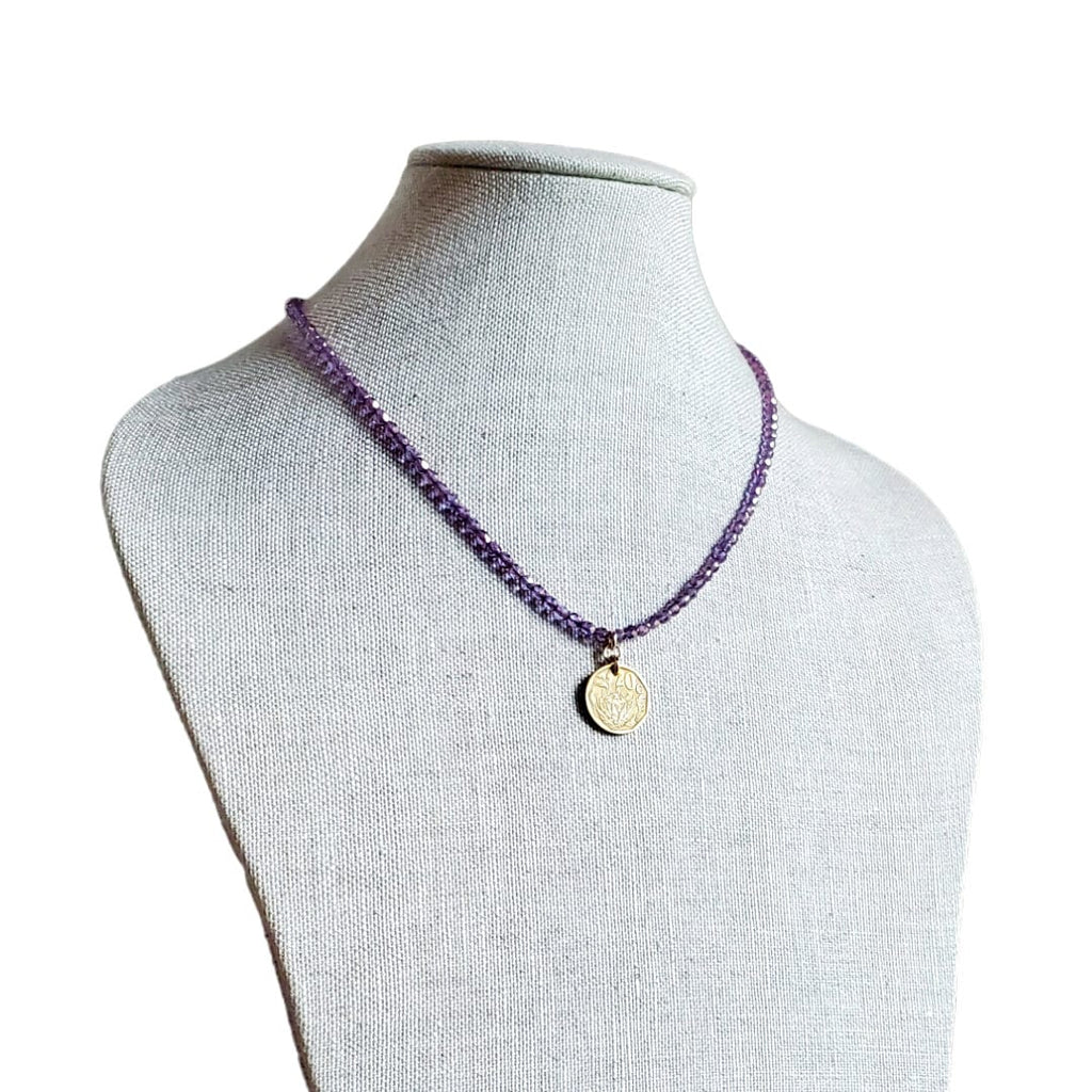 South Africa Arum Lily Coin Necklace, Purple Glass Bead Chain, Bronze Hook Clasp, Old Coin Charm, Made in USA, E. Ria Designs, Gift Box
