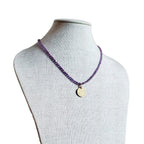 South Africa Arum Lily Coin Necklace, Purple Glass Bead Chain, Bronze Hook Clasp, Old Coin Charm, Made in USA, E. Ria Designs, Gift Box